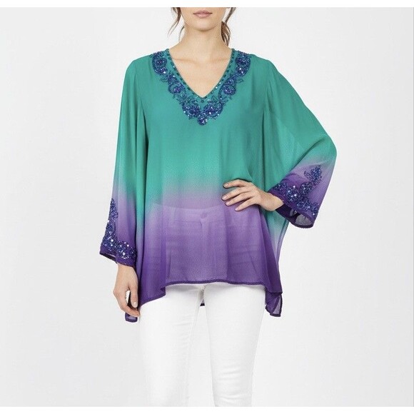 ITSU Tops - ITSU Silk Beaded Tunic Top – Ombré Teal Purple Womens Size 6